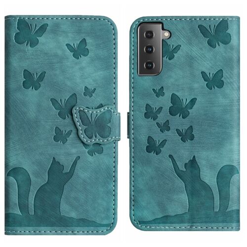 Étui En Cuir Avec Motif Papillon Et Chat Pour Samsung Galaxy S22 5g, Wathet