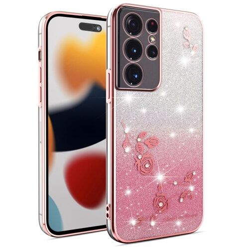 Coque Floral Pailleté Dégradé Pour Samsung Galaxy S21 Ultra 5g, Rose