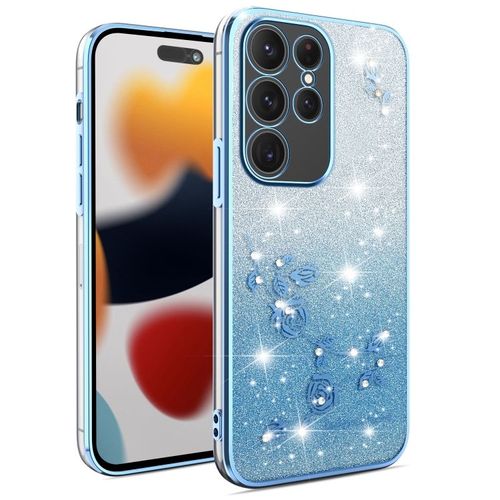 Coque Floral Dégradé Pailleté Pour Samsung Galaxy S23 Ultra 5g, Bleu