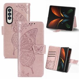 Étui En Cuir Pour Samsung Galaxy Z Fold5, Motif Papillon Et Fleurs, Or Rose