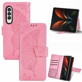 Étui En Cuir Pour Samsung Galaxy Z Fold5, Motif Papillon Et Fleurs, Rose