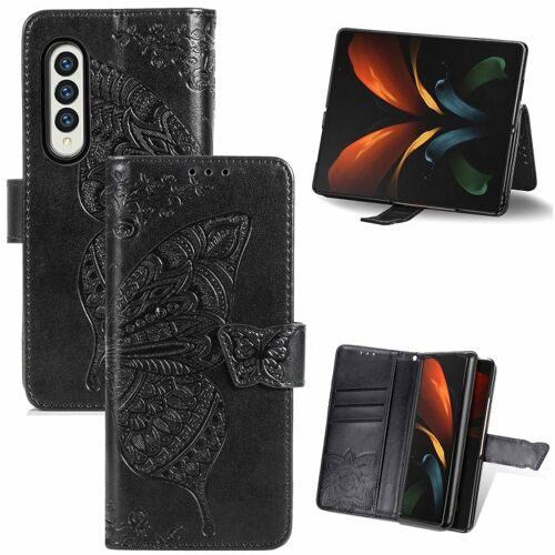 Étui En Cuir Pour Samsung Galaxy Z Fold5, Motif Papillon Et Fleurs, Noir