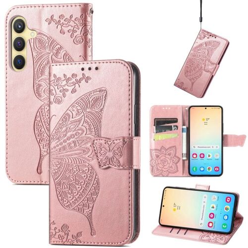 Étui En Cuir Pour Samsung Galaxy S24+ 5g, Motif Papillon Et Fleurs, Or Rose