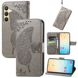 Étui En Cuir Pour Samsung Galaxy S25 5g - Motif Papillon Et Fleurs, Gris