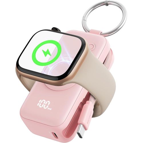 Power Bank Pour Apple Watch, 5000mah Mini Chargeur Portable, Batterie Externe Avec Câble Intégré, Mince Batterie Avec Porte-Clés Et Lcd Pour Iwatch 10/9/8/Ultra2/Ultra/Se, Rose