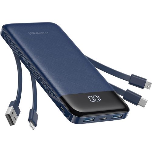 Njmks-Charmast Batterie Externe 10000mah Avec 4 Câbles Intégrés Batterie Portable Usb C Mince Power Bank Avec 6 Sorties Et 3 Entrées Pour Iphone 12 13 11 Samsung S21 S22(Bleu)
