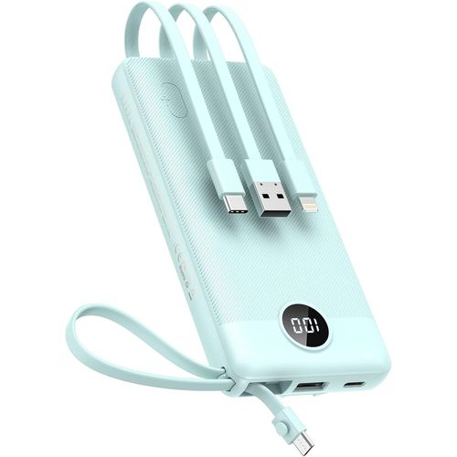 Batterie Externe 10000mah Avec Câbles Intégrés, Power Bank Usb C Portable Charger Battery Pack Avec 5 Sorties & 2 Entrées Phone Chargeur,Pour Iphone/Samsung/Tablette (Bleu)