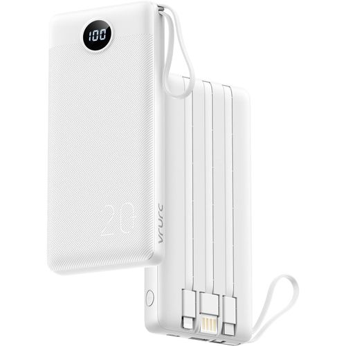 Jgd-Batterie Externe 20000mah Power Bank Usb C 20w Avec Câbles Et Led Display Batterie Portable 4 Sorties Compatible Avec Iphone, Huawei, Samsung Téléphone Tablet (Blanc)