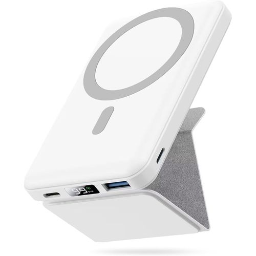 Batterie Externe Magnétique, Compatible Avec Magsafe, 10000mah Sans Fil Power Bank Charge Rapide Pd 22.5w Avec Support Pliable, Affichage Led, Pour Iphone 16/15/14/13/12/Pro/Promax(Blanc)