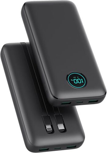 External Battery 26800mah With Cables, Pd 25w Qc4.0 Quick Charge Power Bank Usb C Portable Charger With 5 Outputs, Lcd Display Portable Battery For Iphone 16/15/14, Samsung Huawei Etc ¿ Black