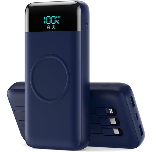 26800 Mah Wireless External Battery With 3 Cables, 7 In 1 Fast Charge Induction Power Bank 25w Pd3.0+Qc4.0, Portable Wireless Charger 6 Outputs Compatible With Iphone 16/15/14 Huawei Samsung - Blue