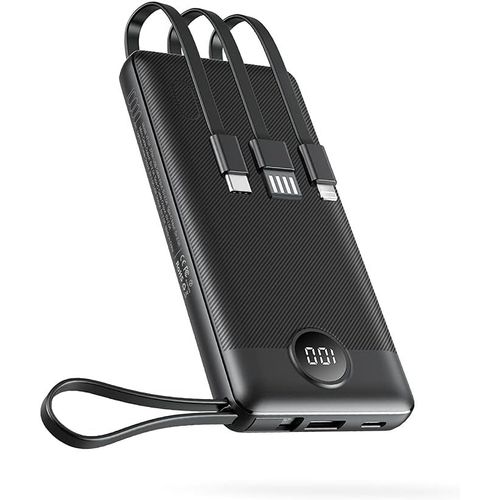 Batterie Externe 10000mah - 5 Ports & 4 Câbles Intégrés (Usb-C/L Câble/Micro) | Power Bank Ultra-Légère Veektomx Batterie Externe Charge Rapide Pour Voyage/Avion, Compatible Iphone Samsung Etc (Noir)