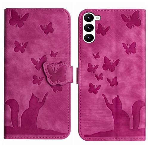 Étui En Cuir Avec Motif Papillon Et Chat Pour Samsung Galaxy S23 5g, Rose