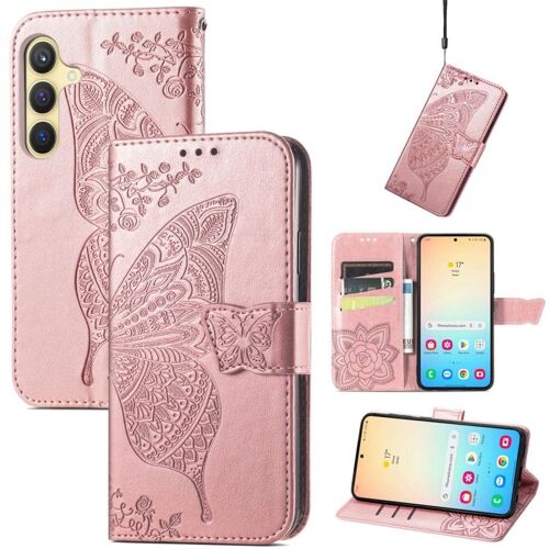 Étui En Cuir Pour Samsung Galaxy A25 5g, Motif Papillon Et Fleurs, Or Rose