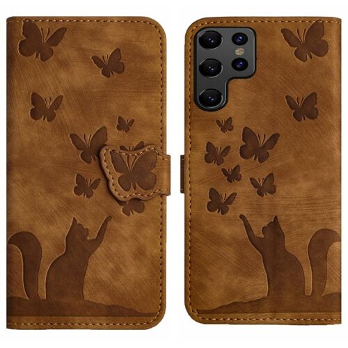 Étui En Cuir Avec Motif Papillon Et Chat Pour Samsung Galaxy S24 Ultra 5g, Brun