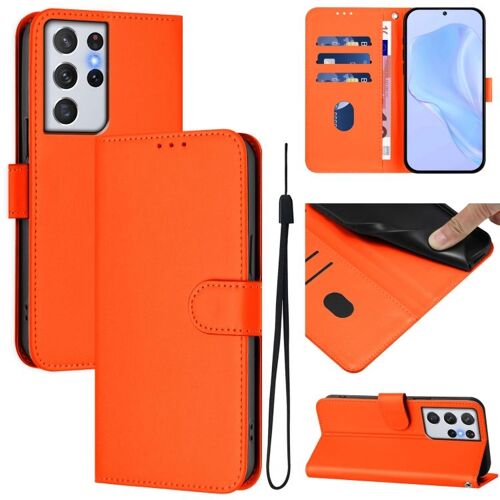 Étui en cuir uni avec cordon pour Samsung Galaxy S21 Ultra 5G, Orange
