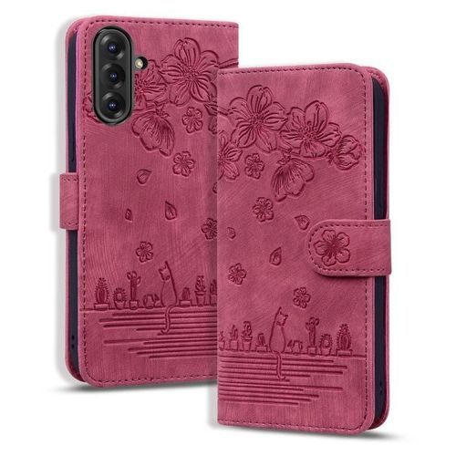 Étui En Cuir Motif Chat Sakura Pour Samsung Galaxy A56/A36, Vin Rouge