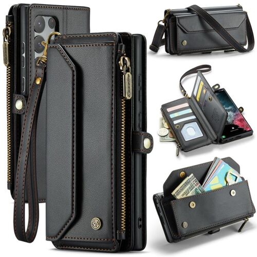 Étui Portefeuille Cuir Rfid Pour Samsung Galaxy S22 Ultra 5g Avec Cartes Et Fermeture Éclair, Noir