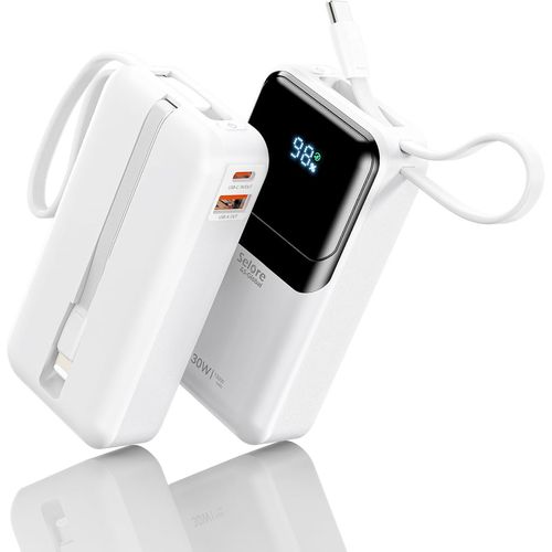 External Battery 30 W, Power Bank Quick Charge, Portable Charger Battery 10000 Mah Powerbank With Integrated Cables, Usb C Input & Output For Iphone 16 15 14 13 12 Pro , Samsung, Macbook, Ipad