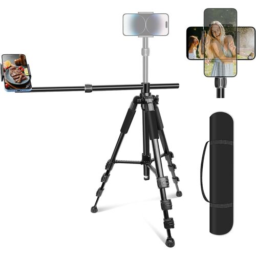 MEVRONISSHOP-Elitehood Stable Trépied Smartphone pour Filmer Vidéo, 63cm Bras Télescopique Horizontal Long, 180cm Haute Trepied iPhone avec Support de Téléphone Pivotant à 360°pour Démo de Cuisine de