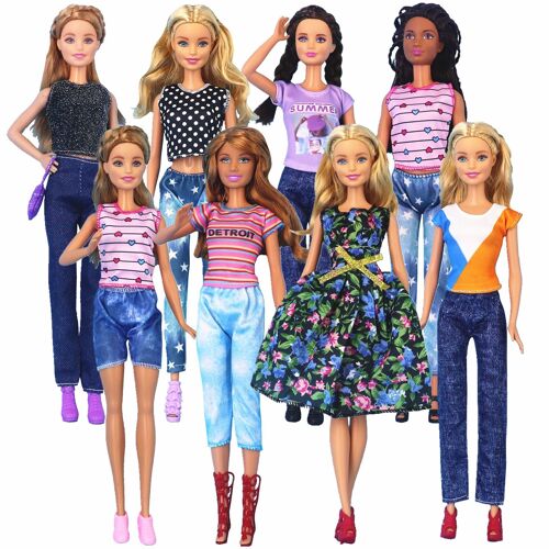 Ensemble De Vêtements De Poupée 10 Pièces, Vêtements De Poupée Pour Fille De 11 "", Garde-Robe Pour Enfants Au-Dessus De La Maison, Robe À Fleurs En Jean Ensemble De Deux Pièces