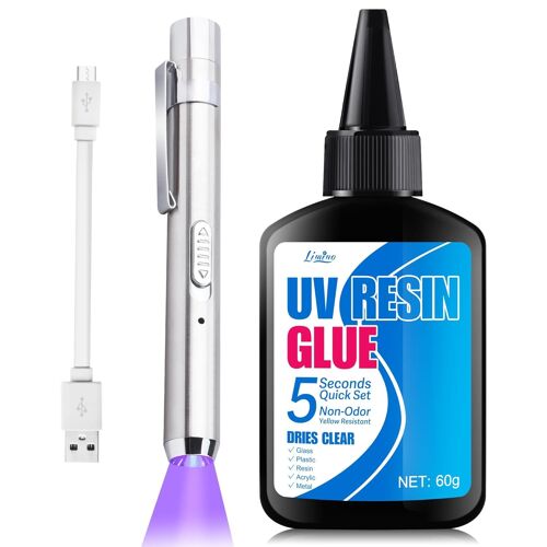 Jexnovashop-Colle Avec Lampe Uv - 60g De Résine Uv Avec Lampe De Poche Uv Rechargeable 395 Nm, Séchage Rapide En 5 Secondes, Collage Rapide Et Soudure Adhésif Uv, Idéal Pour Réparer Des Bijoux, Verre