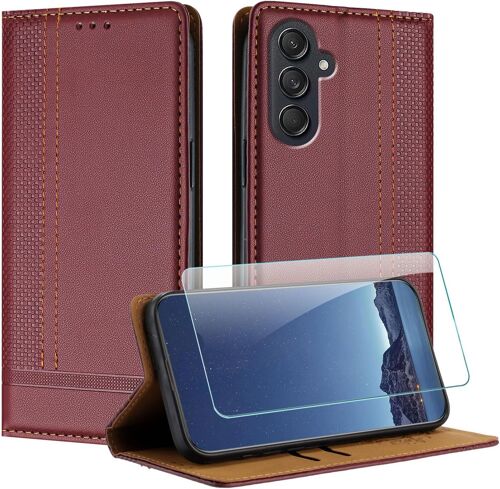 KAL-Coque Pour Samsung Galaxy M55 + Protecteur D'Écran, Etui À Rabat Pochette De Portefeuille Pour Samsung M55 Avec [Fermeture Magnétique][Stand Fonction][Porte Cartes] - Bourgogne