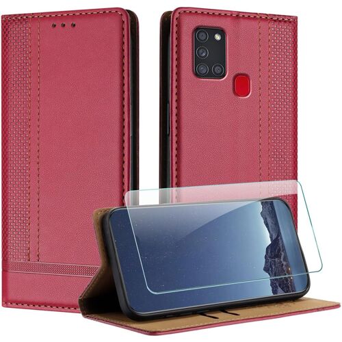 KAL-Coque Pour Samsung Galaxy A21S + Protecteur D'Écran, Etui À Rabat Pochette De Portefeuille Pour Samsung A21S Avec [Fermeture Magnétique][Stand Fonction][Porte Cartes] - Rouge