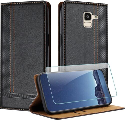 KAL-Coque Pour Samsung Galaxy J6 2018 + Protecteur D'Écran, Etui À Rabat Pochette De Portefeuille Pour Samsung J6 2018 Avec [Fermeture Magnétique][Stand Fonction][Porte Cartes] - Noir