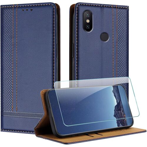 KAL-Coque Pour Xiaomi Mi 6X / A2 + Protecteur D'Écran, Etui À Rabat Pochette De Portefeuille Pour Xiaomi A2 Avec [Fermeture Magnétique][Stand Fonction][Porte Cartes] - Bleu
