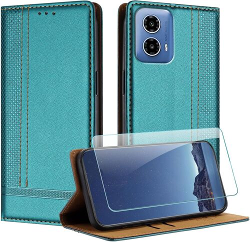 KAL-Coque Pour Motorola Moto G34 + Protecteur D'Écran, Etui À Rabat Pochette De Portefeuille Pour Moto G34 Avec [Fermeture Magnétique][Stand Fonction][Porte Cartes] - Vert