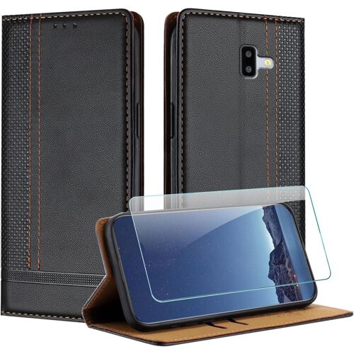 KAL-Coque Pour Samsung Galaxy J6 Plus 2018 + Protecteur D'Écran, Etui À Rabat Pochette De Portefeuille Pour Samsung J6 Plus 2018 Avec [Fermeture Magnétique][Stand Fonction][Porte Cartes] - Noir