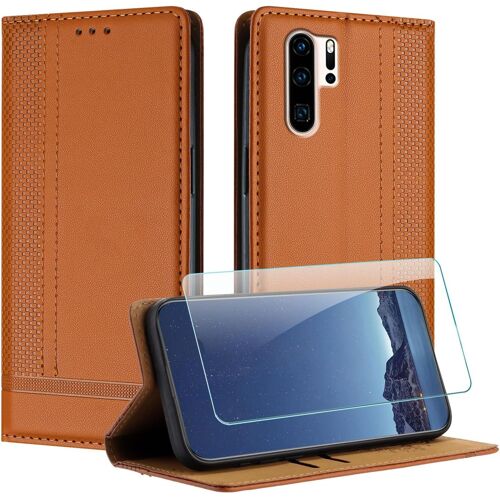 KAL-Coque Pour Huawei P30 Pro + Protecteur D'Écran, Etui À Rabat Pochette De Portefeuille Pour Huawei P30 Pro Avec [Fermeture Magnétique][Stand Fonction][Porte Cartes] - Brun