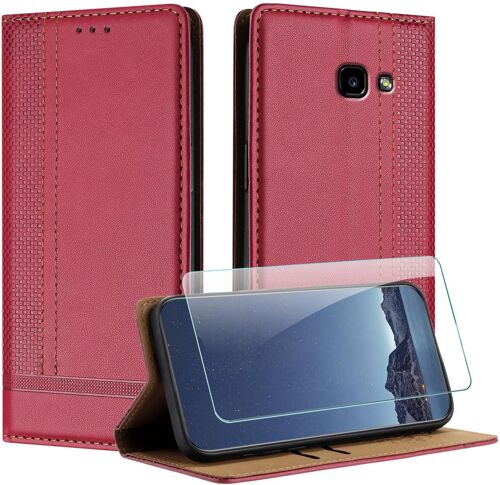 KAL-Coque Pour Samsung Galaxy A520 / A5 2017 + Protecteur D'Écran, Etui À Rabat Pochette De Portefeuille Pour Samsung A5 2017 Avec [Fermeture Magnétique][Stand Fonction][Porte Cartes] - Rouge
