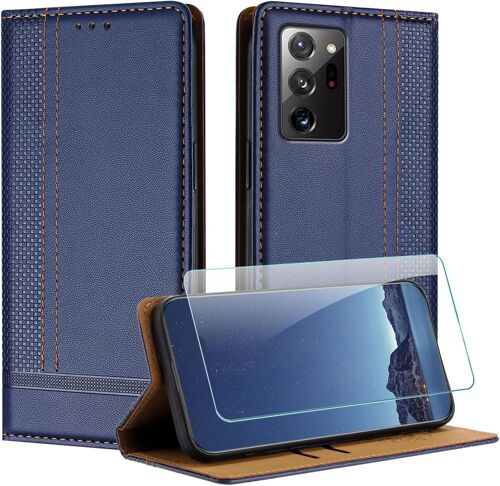 KAL-Coque Pour Samsung Galaxy Note 20 Ultra + Protecteur D'Écran, Etui À Rabat Pochette Pour Samsung Note 20 Ultra Avec [Fermeture Magnétique][Stand Fonction][Porte Cartes] - Bleu