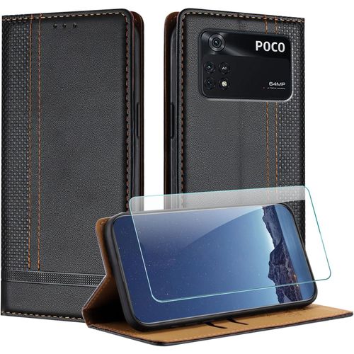 KAL-Coque Pour Xiaomi Mi Poco M4 Pro 4G + Protecteur D'Écran, Etui À Rabat Pochette De Portefeuille Pour Xiaomi Poco M4 Pro 4G Avec [Fermeture Magnétique][Stand Fonction][Porte Cartes] - Noir