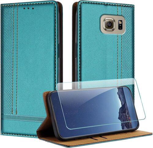 KAL-Coque Pour Samsung Galaxy S6 + Protecteur D'Écran, Etui À Rabat Pochette De Portefeuille Pour Samsung S6 Avec [Fermeture Magnétique][Stand Fonction][Porte Cartes] - Vert