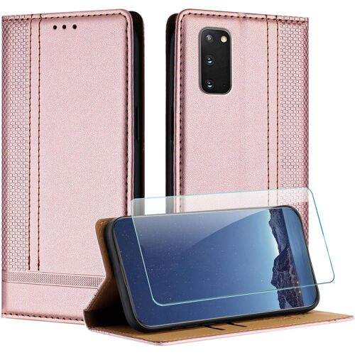 KAL-Coque Pour Samsung Galaxy S20 + Protecteur D'Écran, Etui À Rabat Pochette De Portefeuille Pour Samsung S20 Avec [Fermeture Magnétique][Stand Fonction][Porte Cartes] - Or Rose