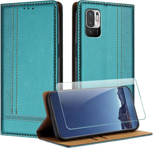 KAL-Coque Pour Xiaomi Redmi 10 5G + Protecteur D'Écran, Etui À Rabat Pochette De Portefeuille Pour Redmi 10 5G Avec [Fermeture Magnétique][Stand Fonction][Porte Cartes] - Vert