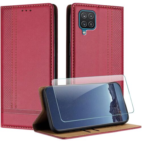 KAL-Coque Pour Samsung Galaxy A12 + Protecteur D'Écran, Etui À Rabat Pochette De Portefeuille Pour Samsung A12 Avec [Fermeture Magnétique][Stand Fonction][Porte Cartes] - Rouge