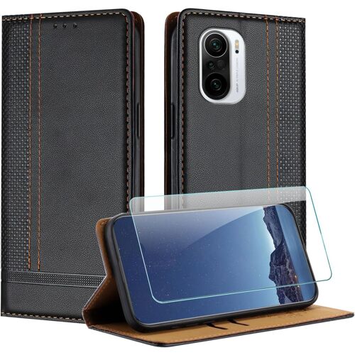 KAL-Coque Pour Xiaomi Redmi K40/K40 Pro + Protecteur D'Écran, Etui À Rabat Pochette De Portefeuille Pour Xiaomi Poco F3 Avec [Fermeture Magnétique][Stand Fonction][Porte Cartes] - Noir