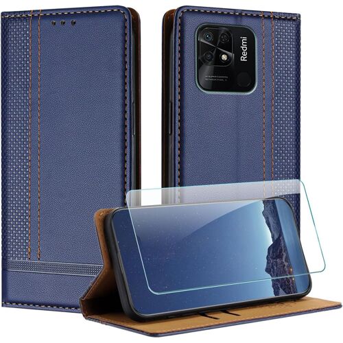 KAL-Coque Pour Xiaomi Redmi 10 4G / Redmi 10 2022 + Protecteur D'Écran, Etui À Rabat Pochette De Portefeuille Pour Redmi 10 2022 Avec [Fermeture Magnétique][Stand Fonction][Porte Cartes] - Bleu