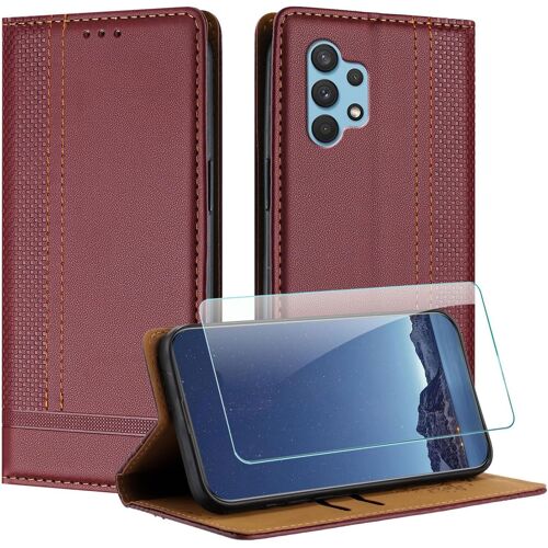KAL-Coque Pour Samsung Galaxy A32 4G + Protecteur D'Écran, Etui À Rabat Pochette De Portefeuille Pour Samsung A32 4G Avec [Fermeture Magnétique][Stand Fonction][Porte Cartes] - Bourgogne