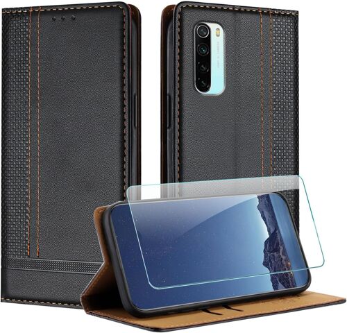 KAL-Coque Pour Xiaomi Redmi Note 8 + Protecteur D'Écran, Etui À Rabat Pochette De Portefeuille Pour Redmi Note 8 Avec [Fermeture Magnétique][Stand Fonction][Porte Cartes] - Noir