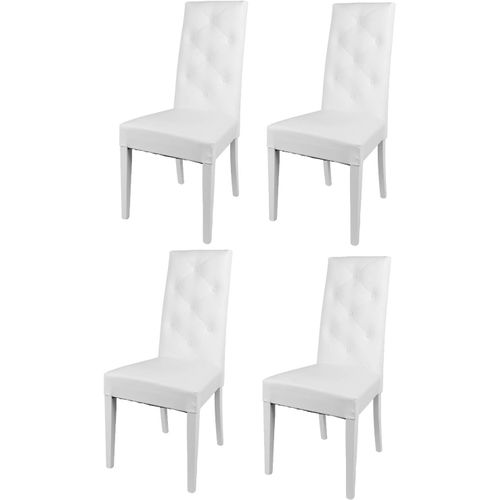 Set 4 Chaises Pour Cuisine Et Salle À Manger, Structure En Bois De Hêtre Peindré En Blanc, Assise Et Dossier Rembourrés Et Revêtus En Cuir Artificiel Blanc Avec Boutons