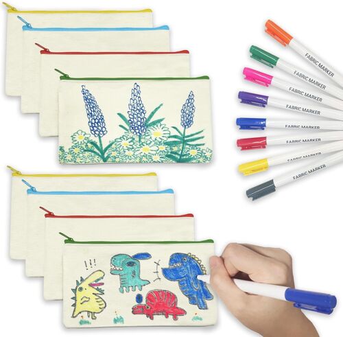 8 Pochette Tissu Zippée Et 8 Marqueur Textile,Trousse À Crayons Vierge Set De Dessin,Idéal Pour Cadeau Anniversaire Enfants Invites,Cadeau Invité Mariage Et Prix De Lot Kermesse