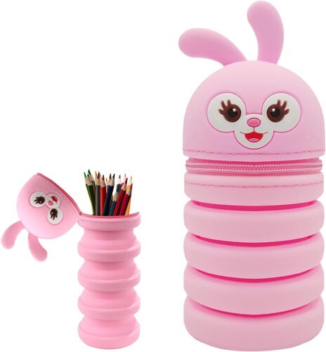 Trousse 2 En 1 En Silicone,Trousse Télescopique,Trousse Enfant,Sac De Papeterie Multi,Cartoon Silicone Etui Stylo,Trousse À Crayons Scolaire,Cartoon Trousse Porte-Stylo De Table (B)
