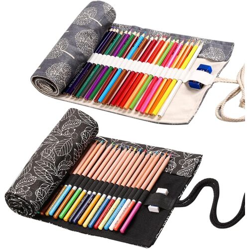 Kalanka-2 Pcs Sac À Crayon Rouleaux Trousse Rouleau Crayon De Couleur 36 Trous Étui À Crayons Enroulé Enveloppe De Crayon Sac À Crayon Enroulable Pour Étudiants École Enfants Peinture Esquis, Feuille