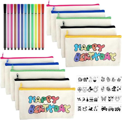 10 Pièces Trousse Personnalisable Avec 12 Crayons De Couleur Et 8 Pcs Modèles De Dessin Pochette Personnalisable Pochette Tissu Zippée Cadeau D'invité Anniversaire Trousse Enfant