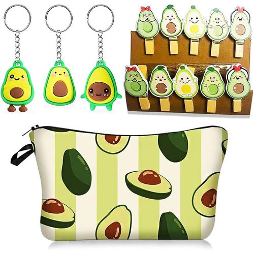 ERYI-Set De Papeterie Trousse À Crayons En Cuir Avec Motif Avocat Porte-Clés Avocat Mini Pinces À Linge En Bois Porte-Clés Mignon Avocado Stationery Trousse Scolaire 14 Pièces